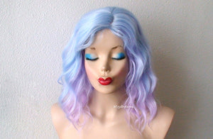 16" Pastel Blue Lavender Ombre Short Wavy Hairstyle Wig