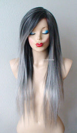 Load image into Gallery viewer, 28&quot; Grey Ombre Long Straight Hair Long Side Bangs Wig
