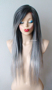 28" Grey Ombre Long Straight Hair Long Side Bangs Wig