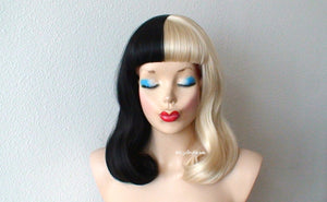 20" Blonde-Black Side by Side Short Wavy Hair with Bangs Wig