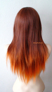 28" Auburn Ginger Red Ombre Long Straight Layered Hair Long Side Bangs Wig