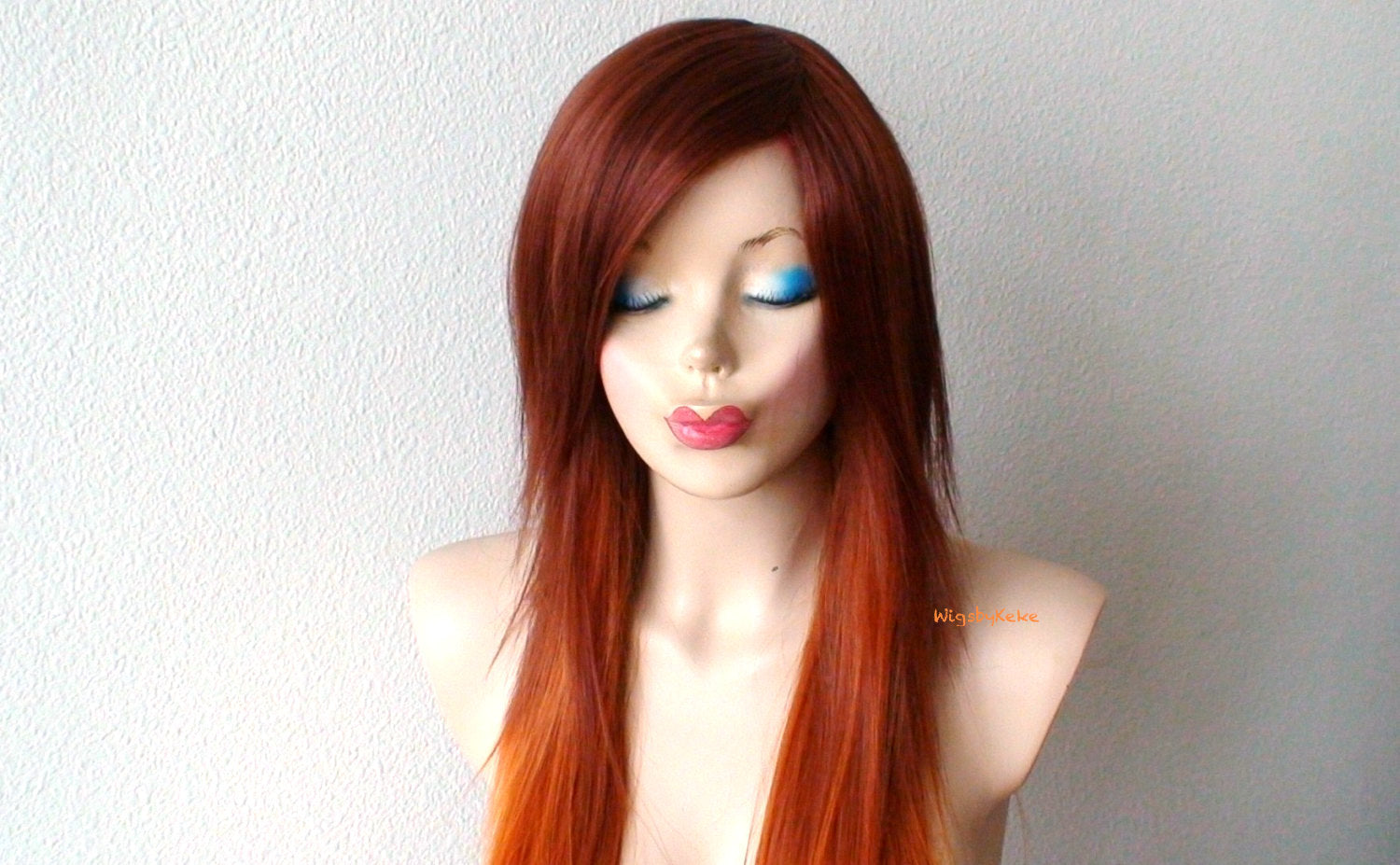 28" Auburn Ginger Red Ombre Long Straight Layered Hair Long Side Bangs Wig