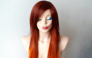 28" Auburn Ginger Red Ombre Long Straight Layered Hair Long Side Bangs Wig