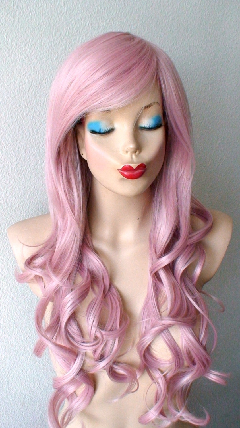 26" Lace Front Pastel Blush Pink Long Curly Hair Long Side Bangs Wig