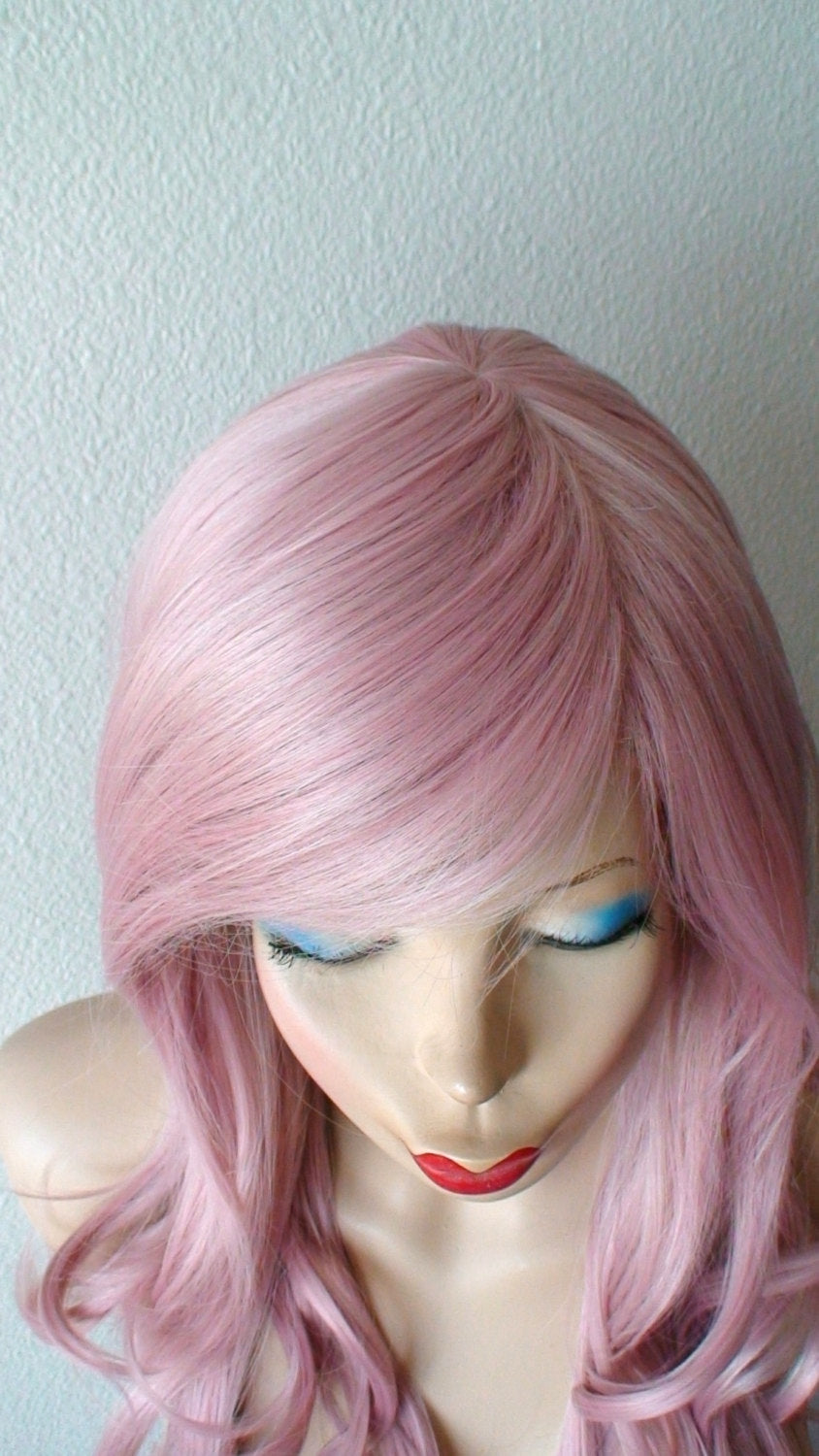 26" Pastel Blush Pink Long Curly Hair Long Side Bangs Wig