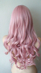 26" Pastel Blush Pink Long Curly Hair Long Side Bangs Wig