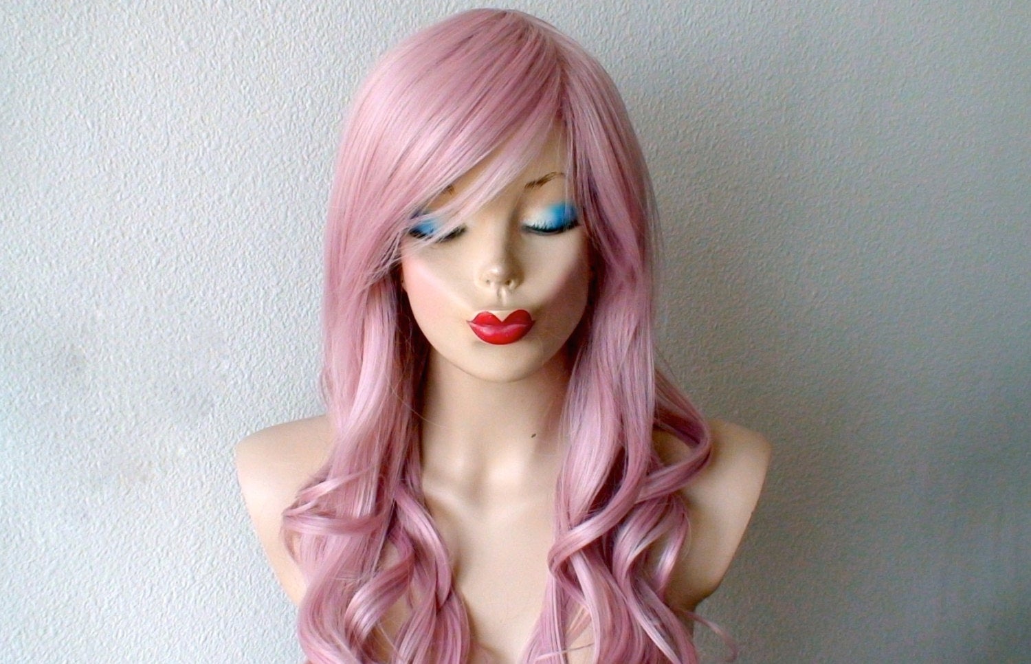 26" Pastel Blush Pink Long Curly Hair Long Side Bangs Wig