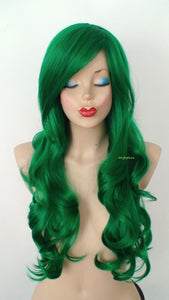 26" Lace Front Irish Green Long Curly Hair Long Side Bangs Wig