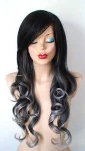 26" Black Gray Ombre Long Curly Hair Side Bangs Wig