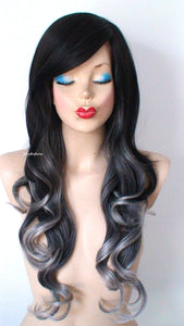 26" Black Gray Ombre Long Curly Hair Side Bangs Wig