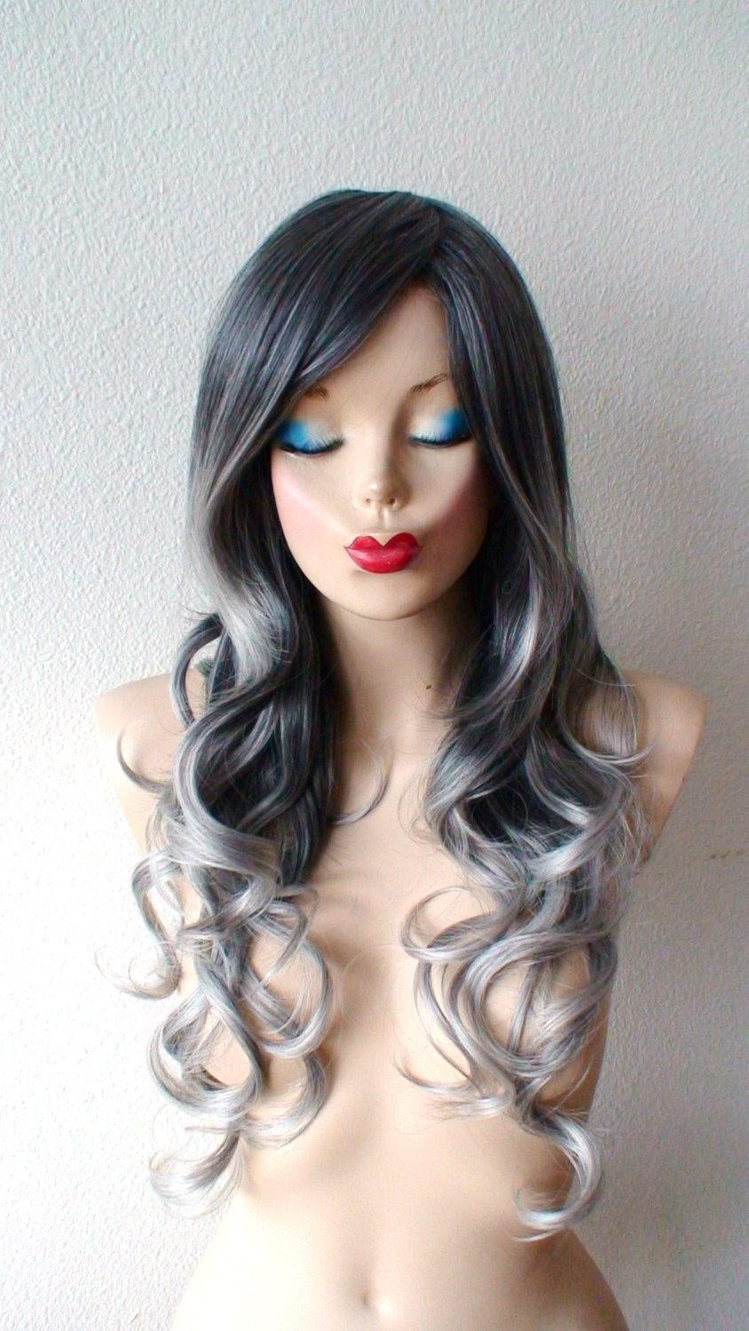 26" Gray Ombre Long Curly Hair Long Side Bangs Wig