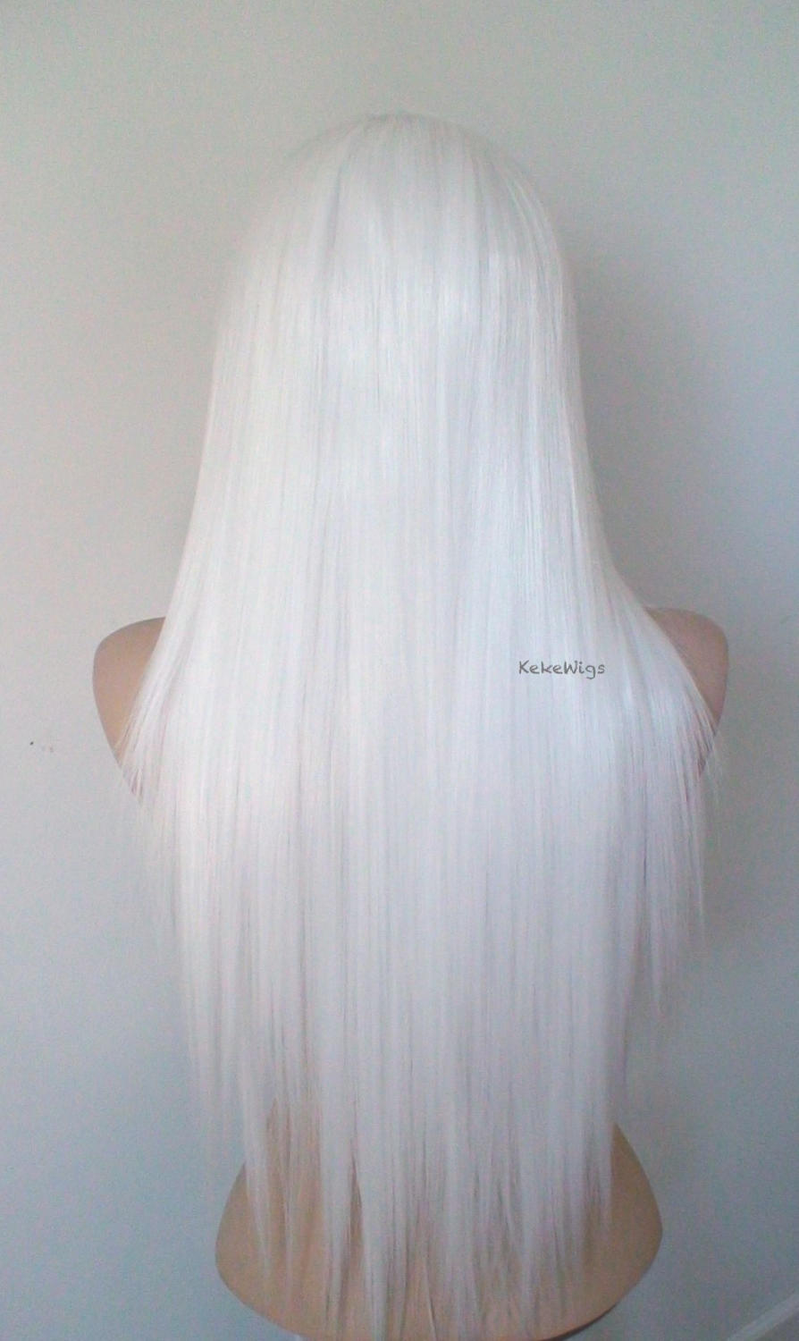 28" Lace Front Snow White Long Straight Hair Long Side Bangs Wig