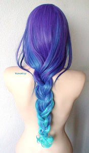 28" Teal Blue Purple Ombre Long Curly Hair with Side Bangs Wig