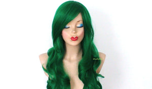 26" Irish Green Long Curly Hair Long Side Bangs Wig