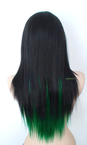 28" Black Green Straigh Layered Hair Long Side Bangs Wig. Emo Wig. Scene Wig.