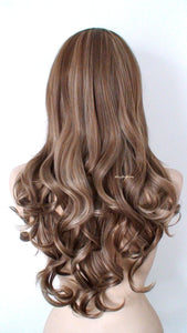 26" Brown Ash Blonde Highlight Long Curly Hair with Bangs Wig