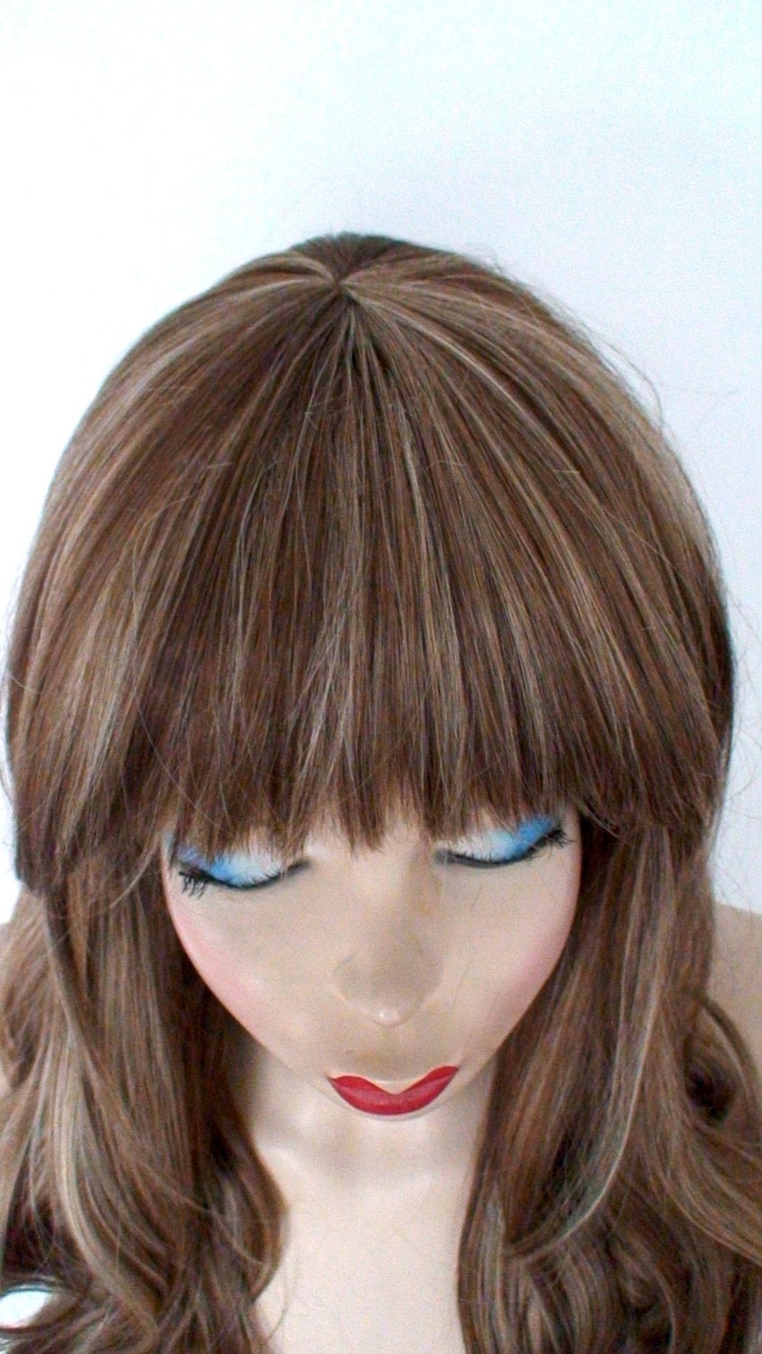 26" Brown Ash Blonde Highlight Long Curly Hair with Bangs Wig