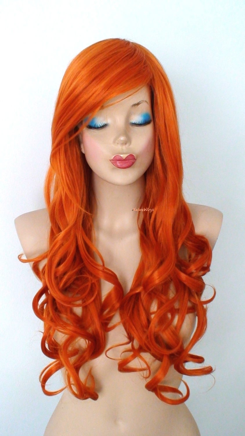 26" Orange Long Curly Hair Long Side Bangs Wig