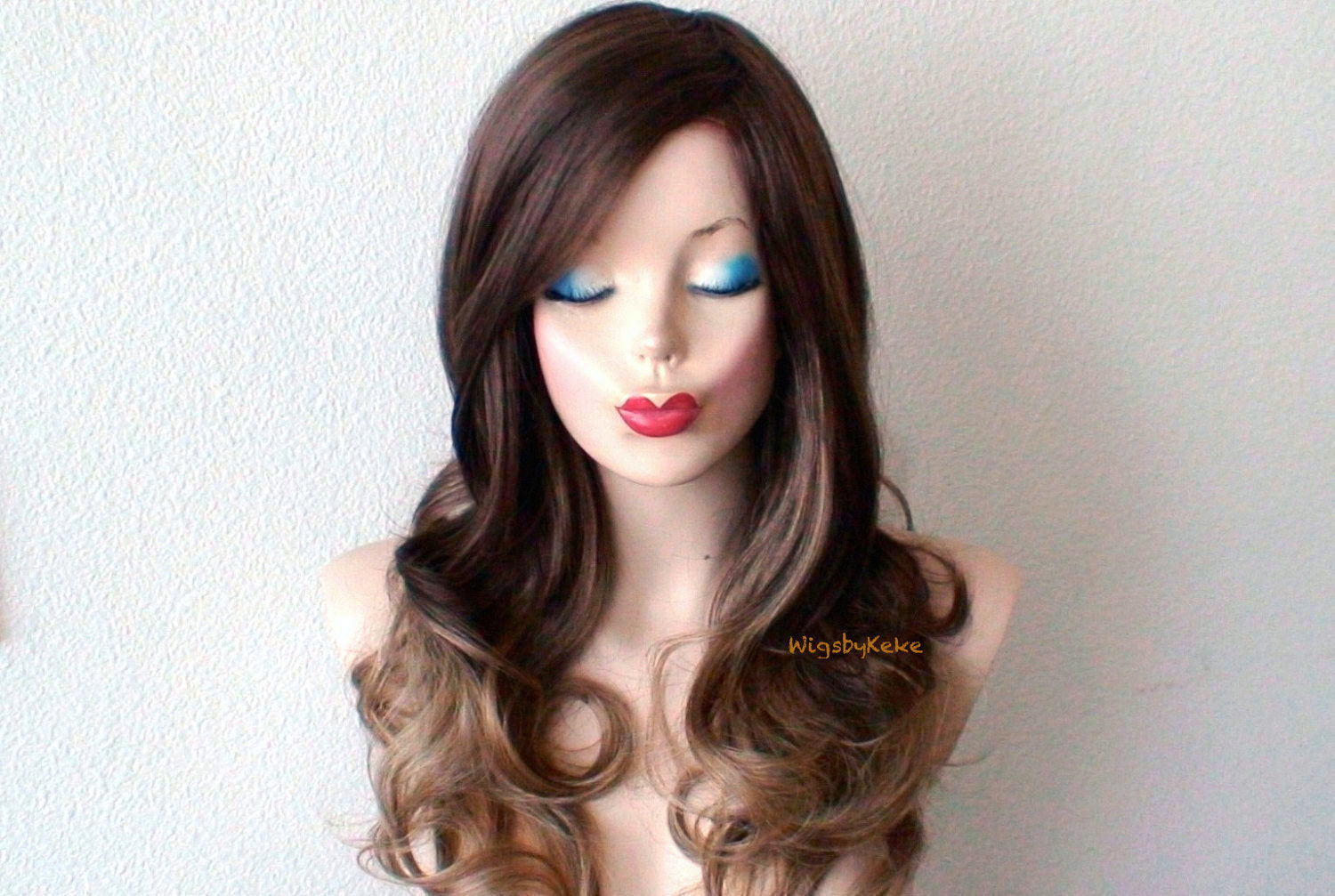 26" Brown toffee Ombre Curly hair Long Side Bangs Wig