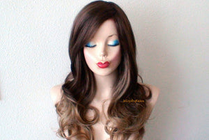 26" Brown toffee Ombre Curly hair Long Side Bangs Wig