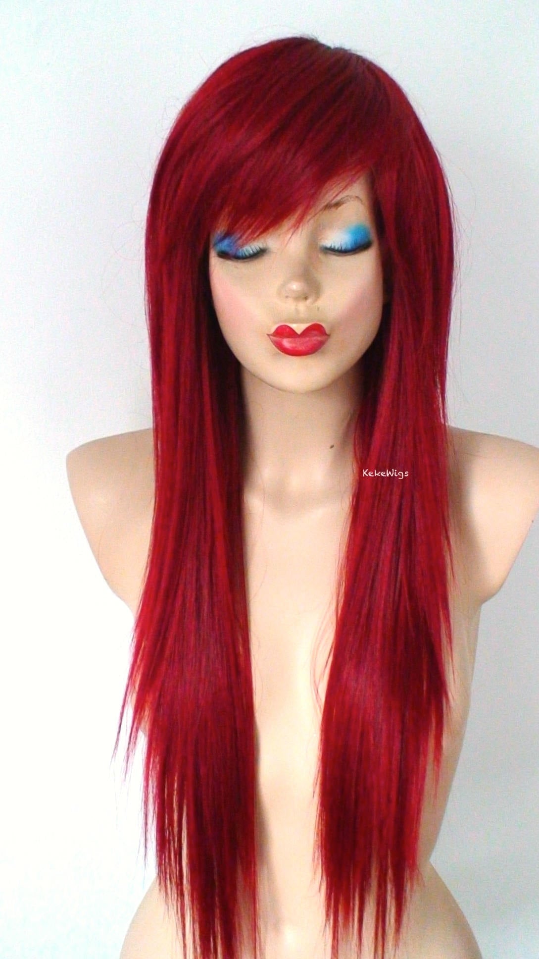 28" Wine Red Straight Layered Hair with Bangs Wig. Scene Wig.