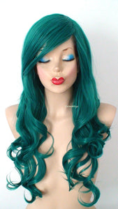 26" Forest Green Long Curly Hair Long Side Bangs Wig