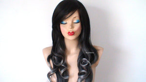 26" Black Gray Ombre Long Curly Hair Side Bangs Wig