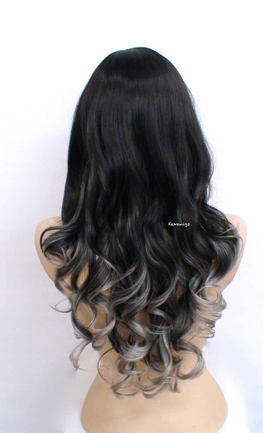 26" Black Gray Ombre Long Curly Hair Side Bangs Wig