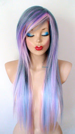 Load image into Gallery viewer, 28&quot; Long Pastel Blue Pink Ombre Straight Hair Long Side Bangs Wig
