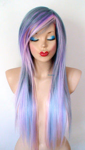 28" Long Pastel Blue Pink Ombre Straight Hair Long Side Bangs Wig