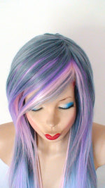 Load image into Gallery viewer, 28&quot; Long Pastel Blue Pink Ombre Straight Hair Long Side Bangs Wig
