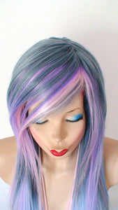 28" Long Pastel Blue Pink Ombre Straight Hair Long Side Bangs Wig