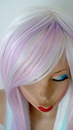 Load image into Gallery viewer, 28&quot; Pastel rainbow ombre wig. Snow white wig. Pastel pink, Lilac, Lavender, Aqua and sky blue wig. Custom wig. Cosplay wig.
