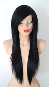 28" Black Long Straight Layered Hair Long Side Bangs Wig