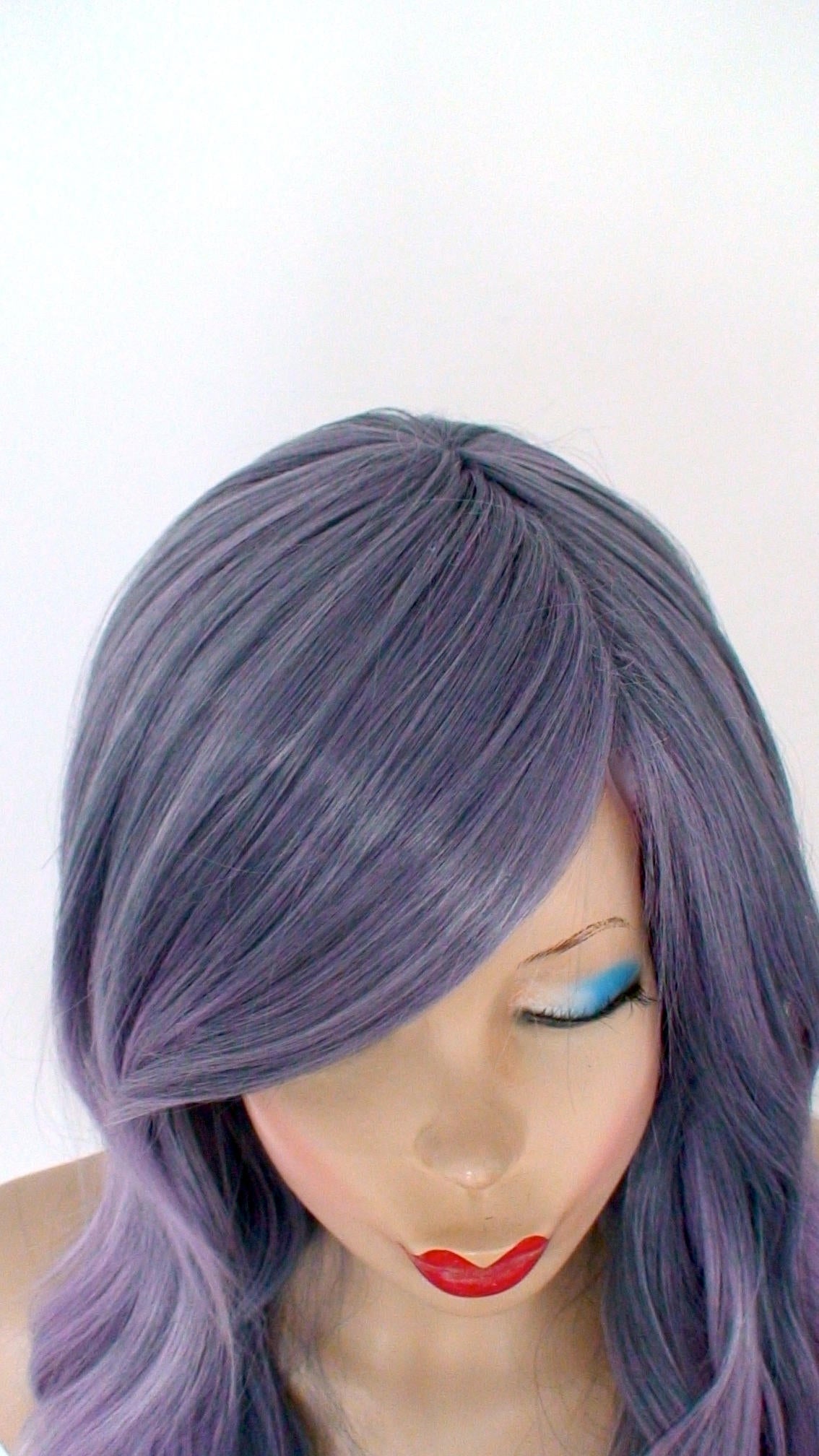 26" Pastel Blue Lavender Ombre Long Curly Hair Long Side Bangs Wig