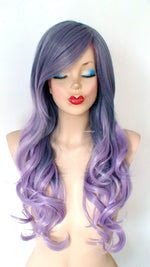 Load image into Gallery viewer, 26&quot; Pastel Blue Lavender Ombre Long Curly Hair Long Side Bangs Wig
