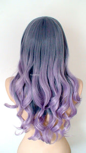 26" Pastel Blue Lavender Ombre Long Curly Hair Long Side Bangs Wig