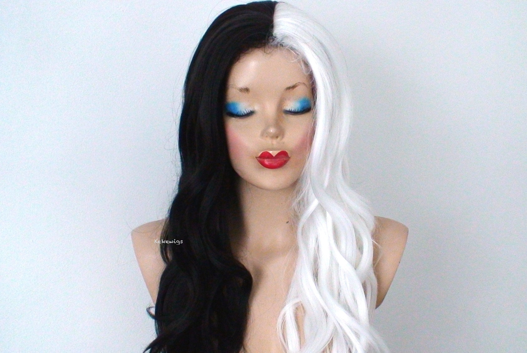 28" White Black Side by Side Long Wavy hairstyle Wig. Custom wig.