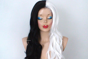 28" White Black Side by Side Long Wavy hairstyle Wig. Custom wig.