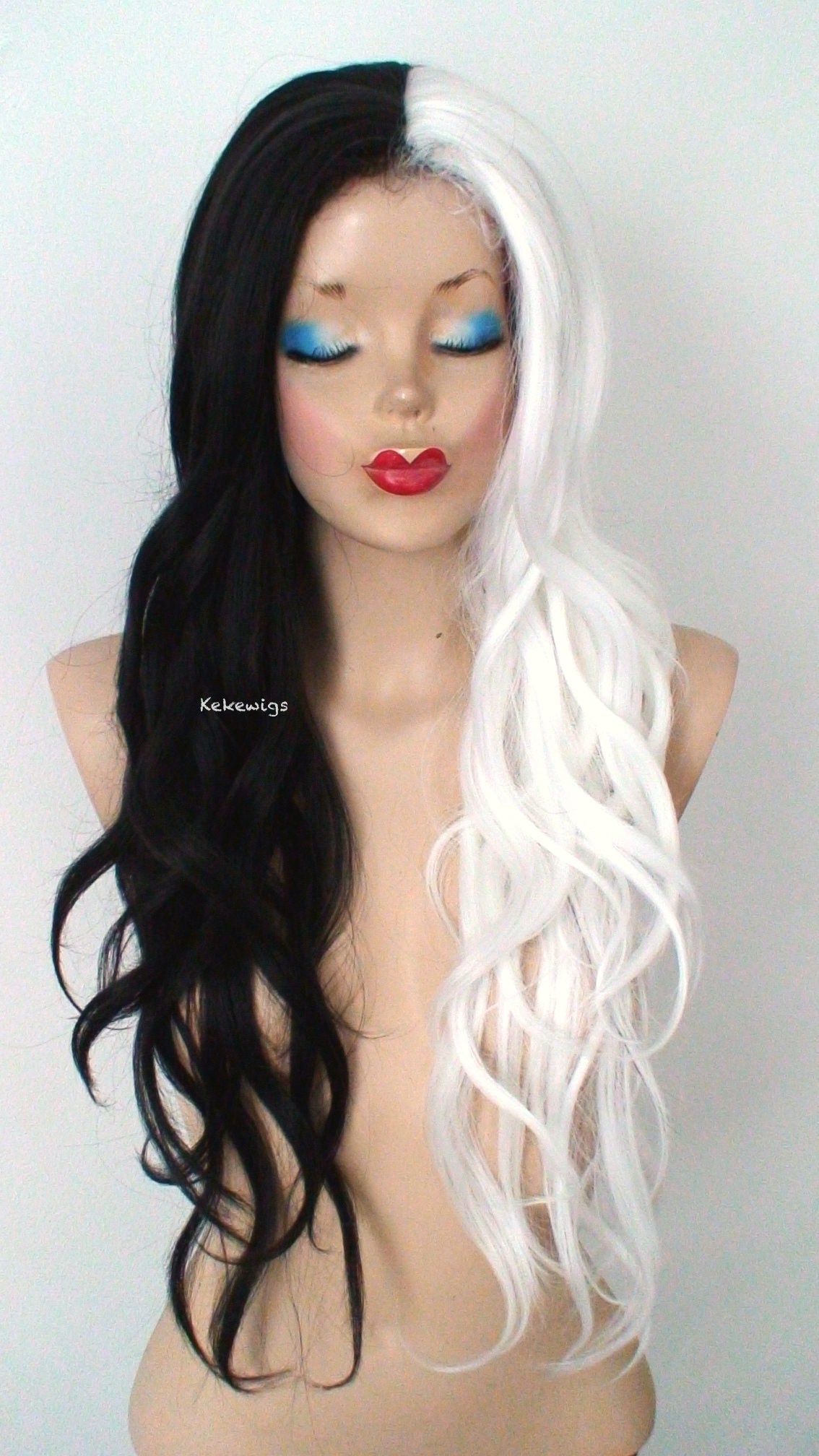 28" White Black Side by Side Long Wavy hairstyle Wig. Custom wig.