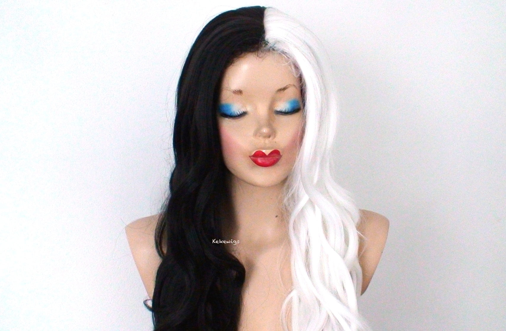 28" White Black Side by Side Long Wavy hairstyle Wig. Custom wig.