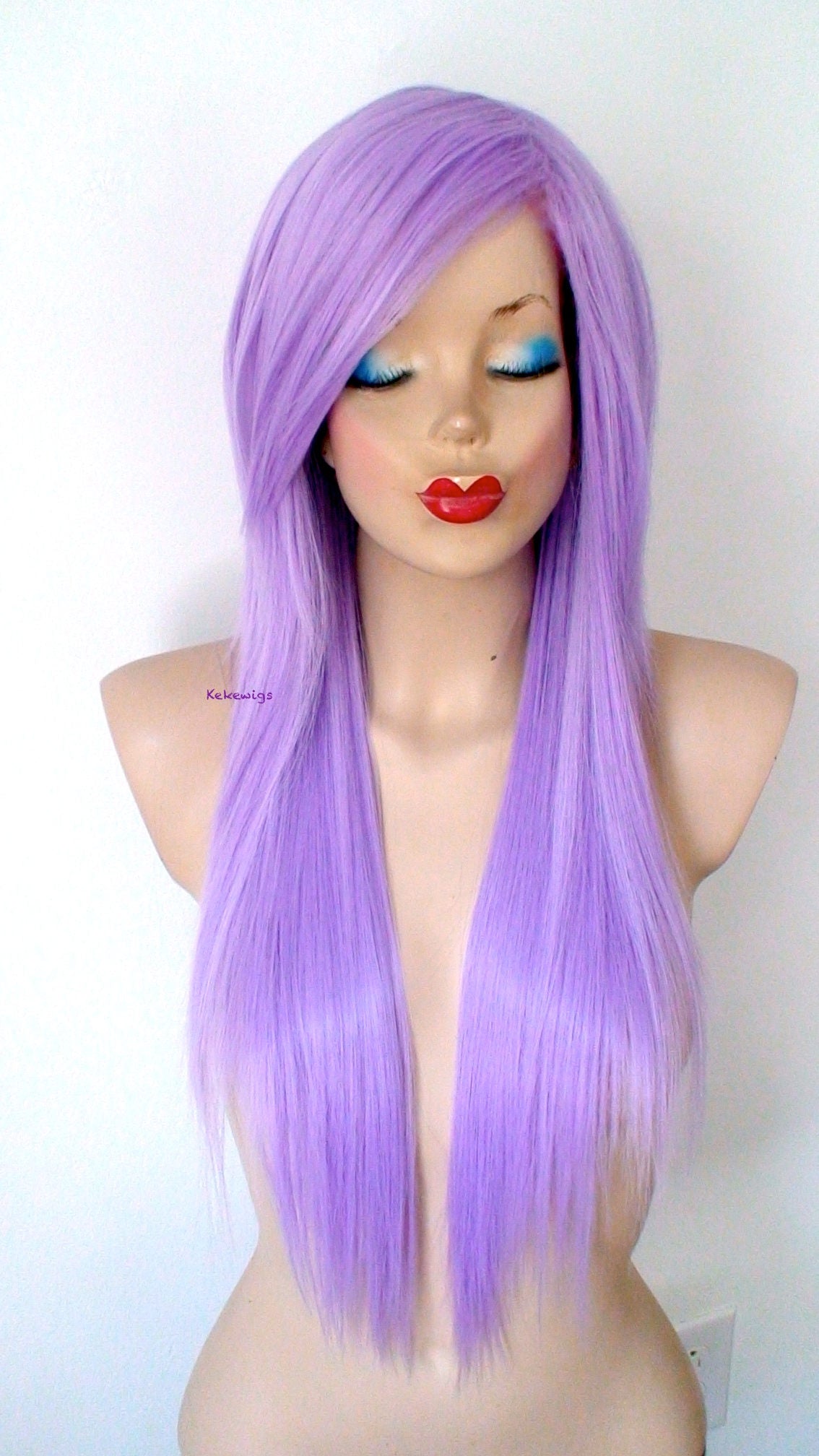 28" Pastel wig. Lavender Long Straight Layered Hair Long Side Bangs Wig