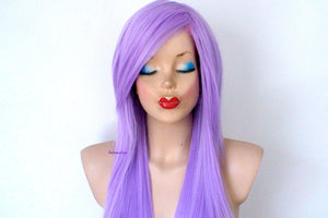 28" Pastel wig. Lavender Long Straight Layered Hair Long Side Bangs Wig