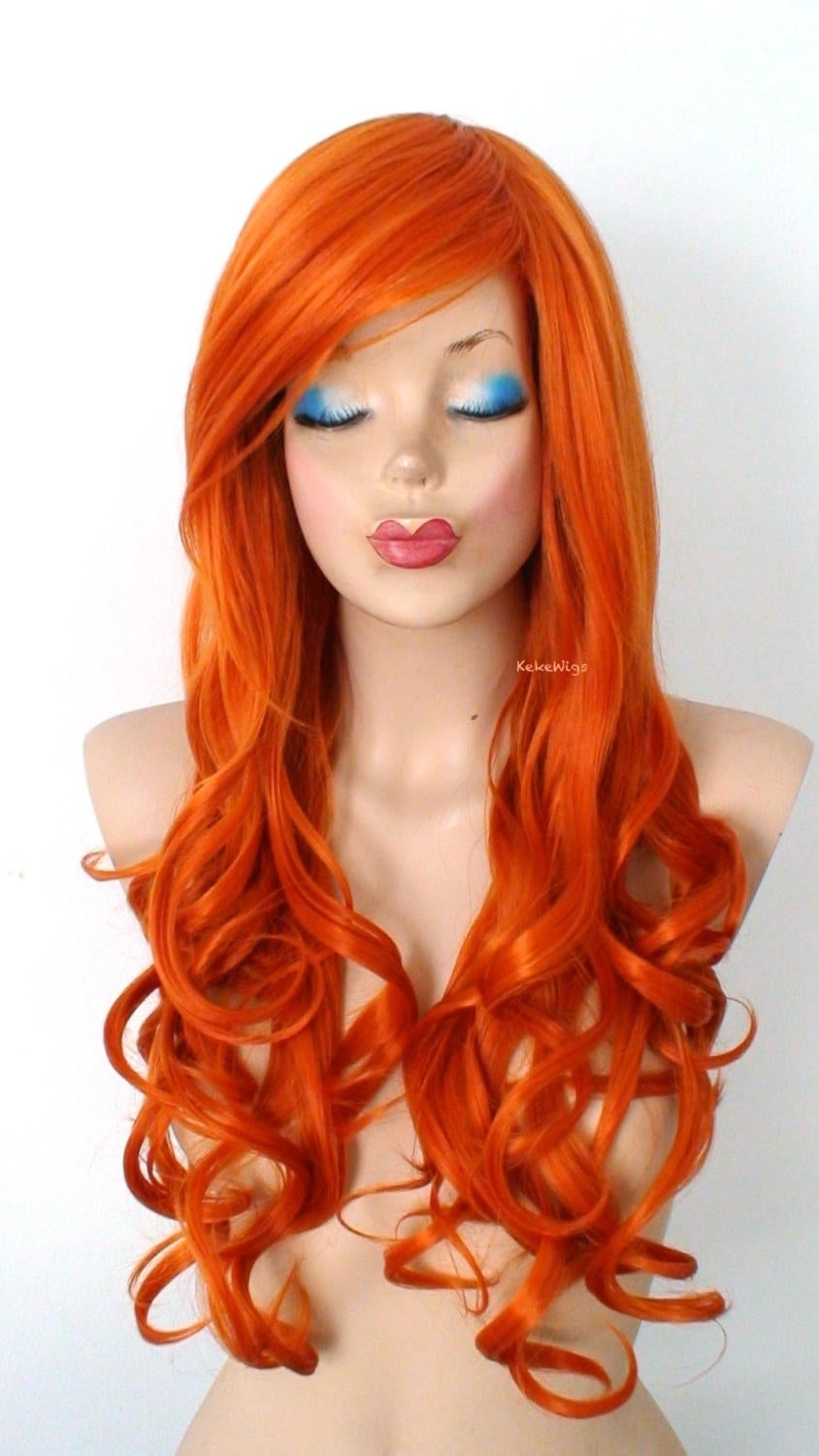 26" Orange Long Curly Hair Long Side Bangs Wig