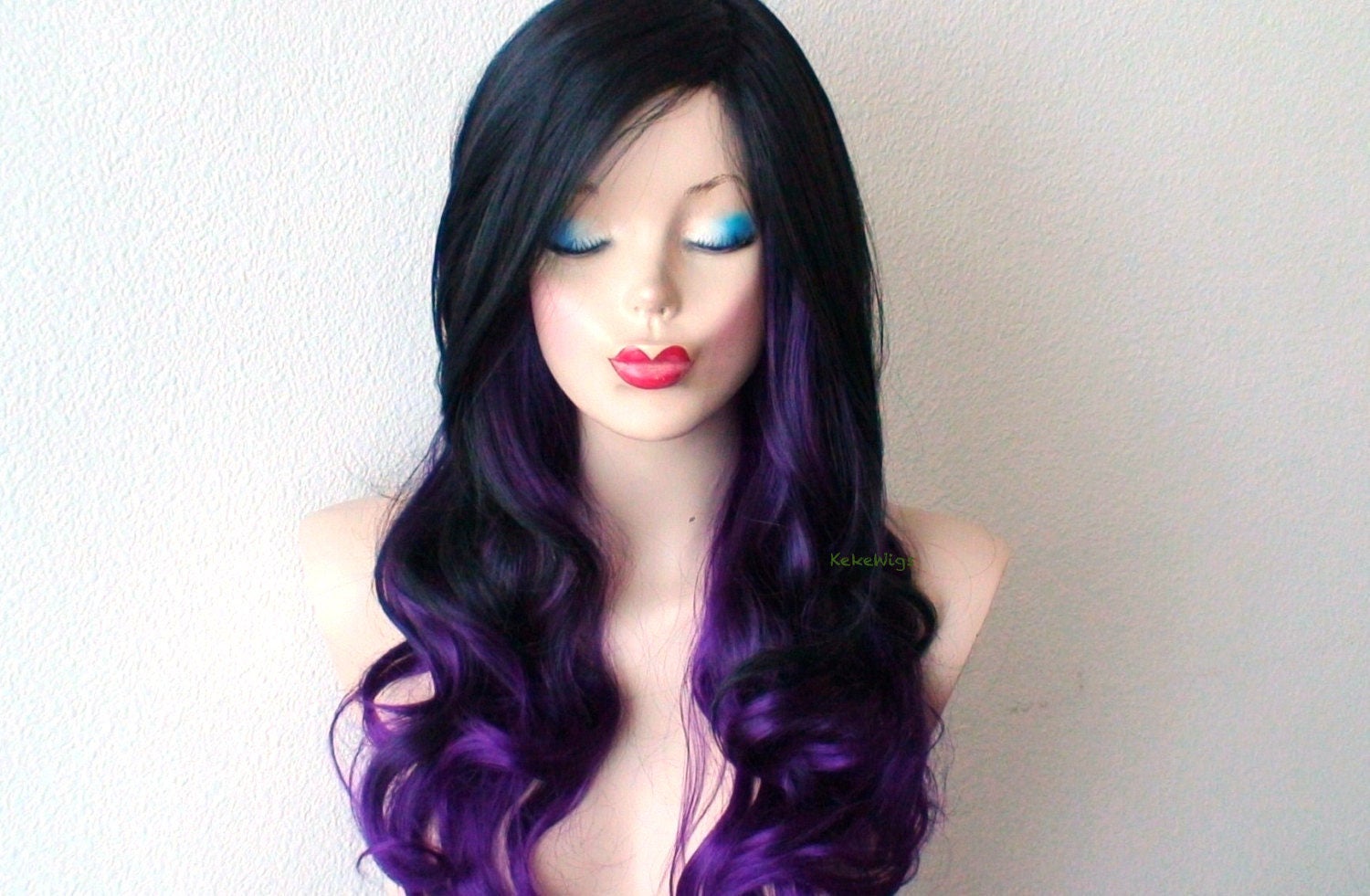 26" Lace Front Black-Purple Ombre Long Curly Hair Long Side Bangs Wig