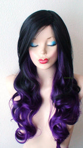 26" Lace Front Black-Purple Ombre Long Curly Hair Long Side Bangs Wig