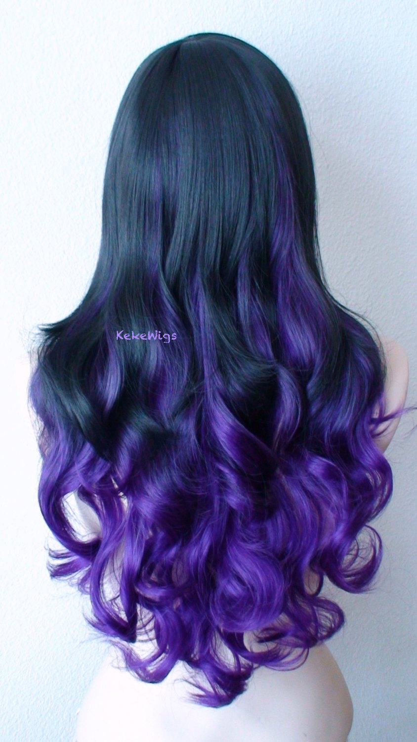 26" Lace Front Black-Purple Ombre Long Curly Hair Long Side Bangs Wig