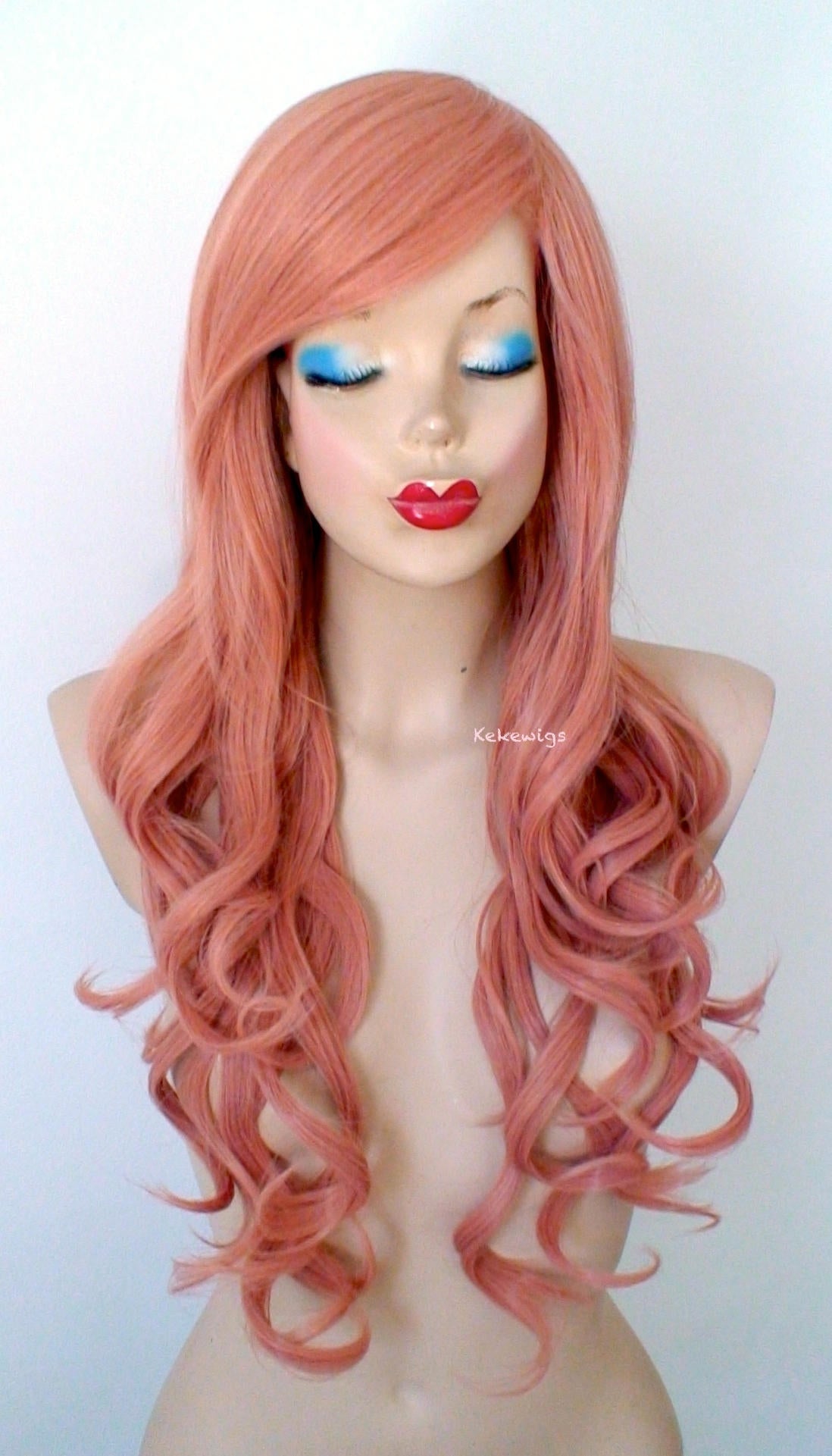 26" Rose Gold Long Curly Hair Long Side Bangs Wig