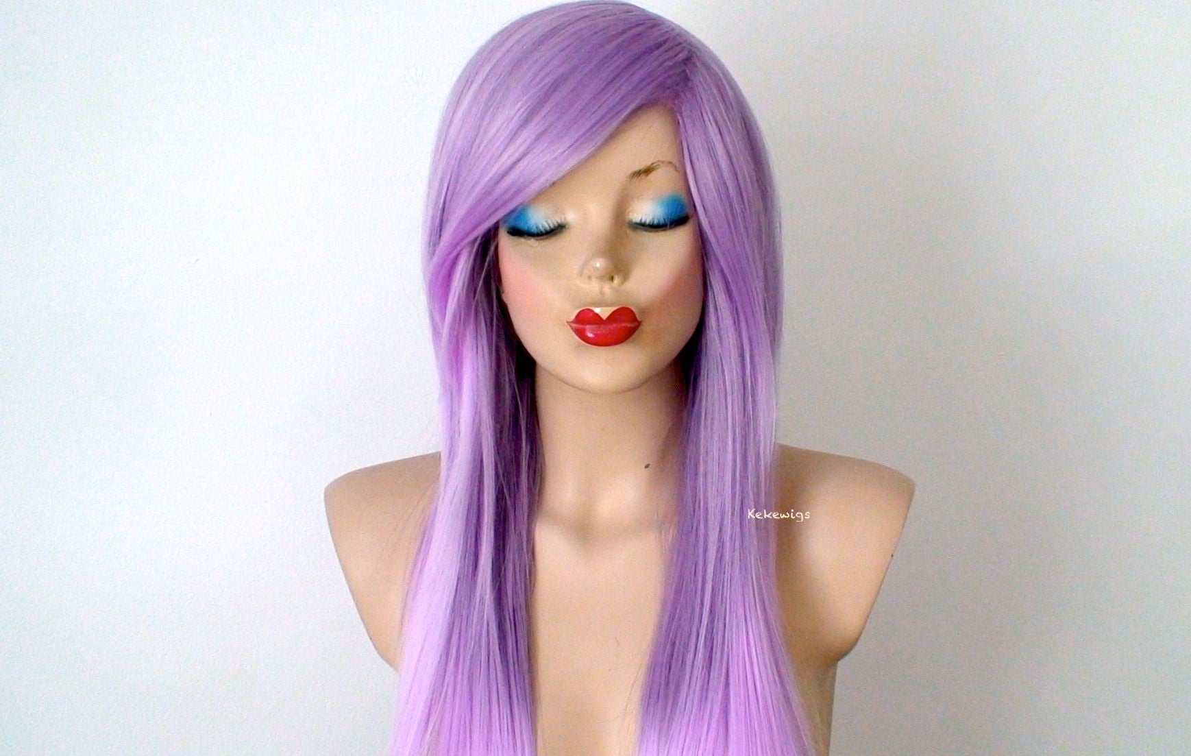 28" Pastel Lavender Ombre Long Straight Layered Hair Long side Bangs Wig