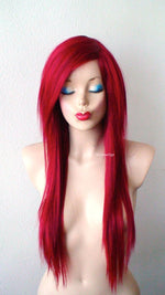 Load image into Gallery viewer, 28&quot; Wine Red Long Straight Layered Hair Long Side Bangs Wig
